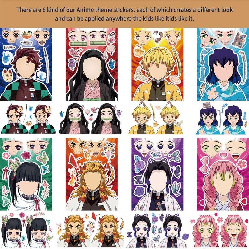 8pcs Japanese anime Ghost Slayer character face changing collage stickers, niche decorative account material stickers