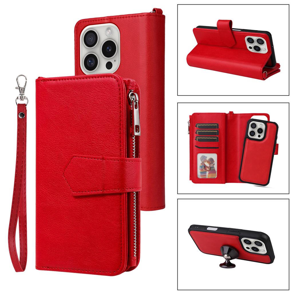 For iPhone 16 Pro Magnetic Leather Case Mobile Cover with Detachable Zipper Wallet Strap