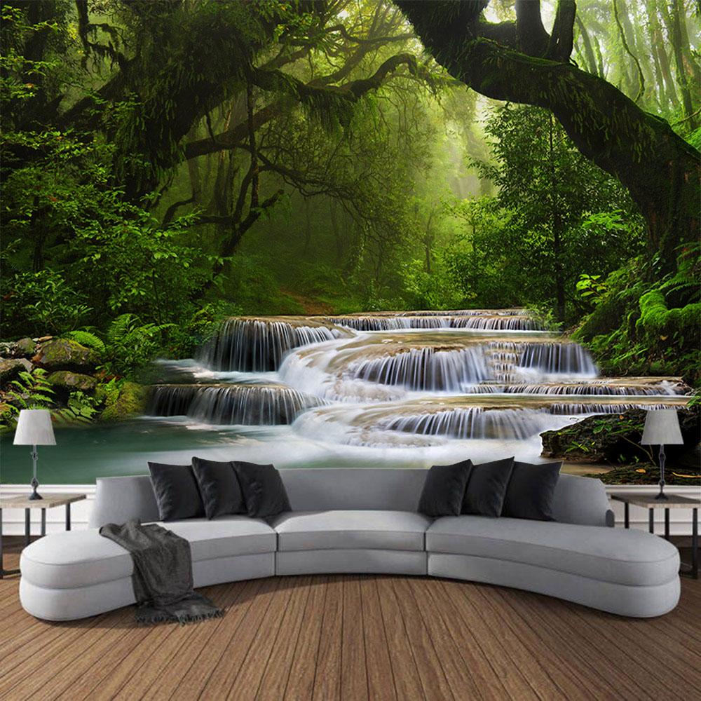 Forest waterfall tapestry, jungle wall hanging, aesthetic room decoration, Bohemian hippie living room, bedroom wall decoration