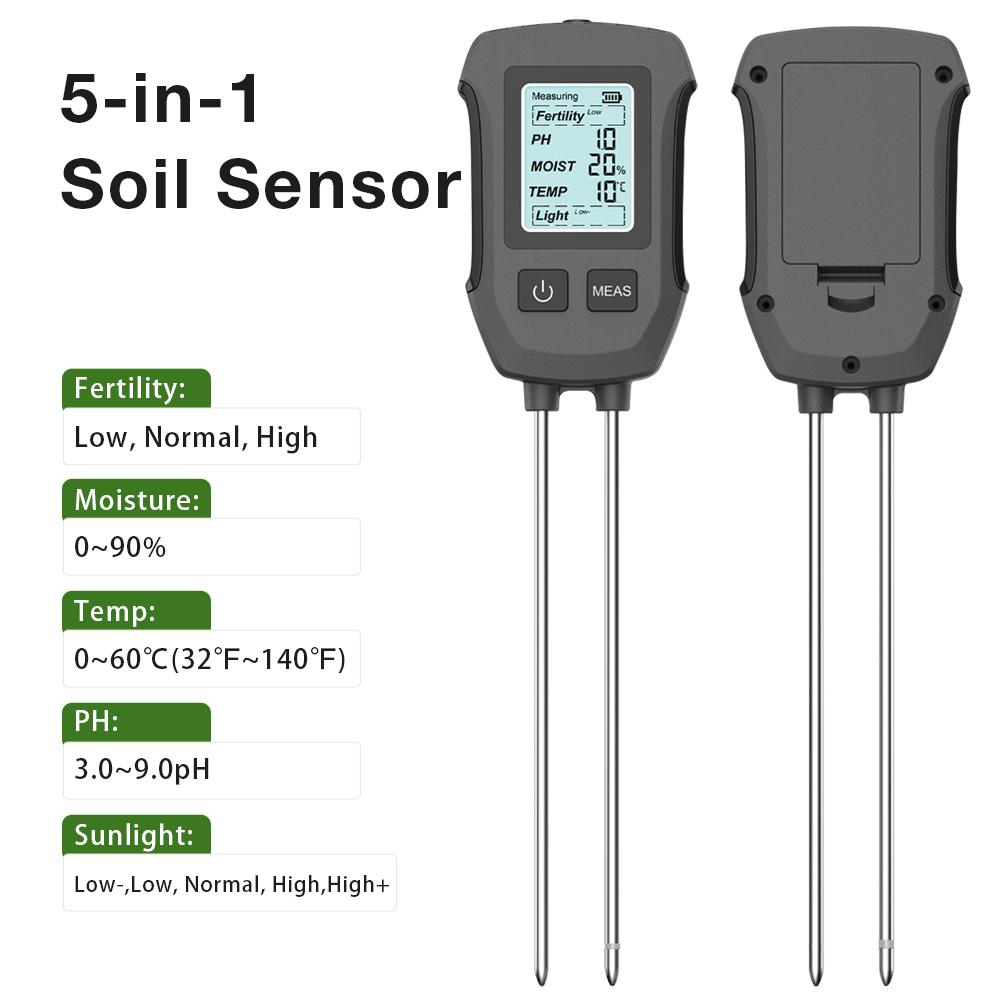 5 In 1 Digital Soil Tester Fertility/Moisture/PH/Temp/Sunlight Meter with Backlight for Plants Lawn Farm Gardening Soli Analyzer