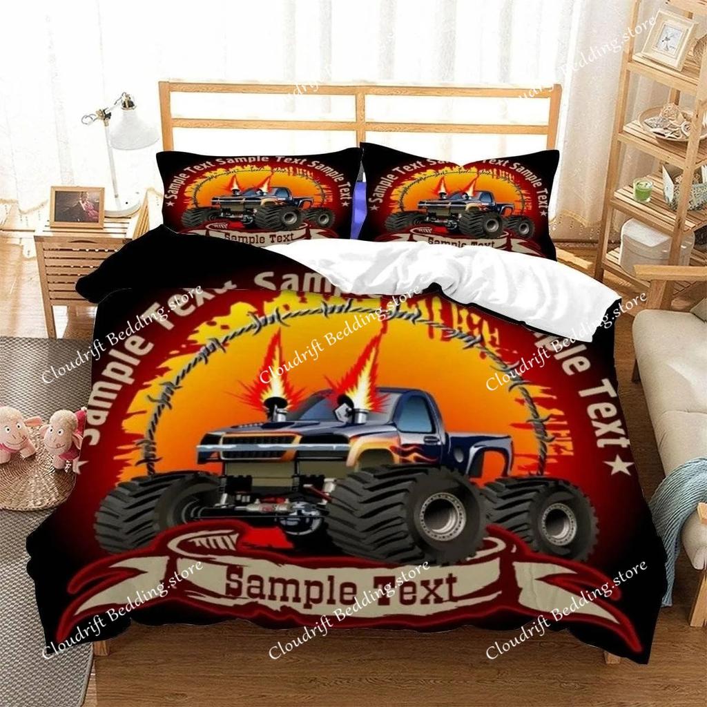 Racing themed bedding 3D printed cartoon monster truck pattern, soft down anti allergy down duvet cover, adult bedding set, teen
