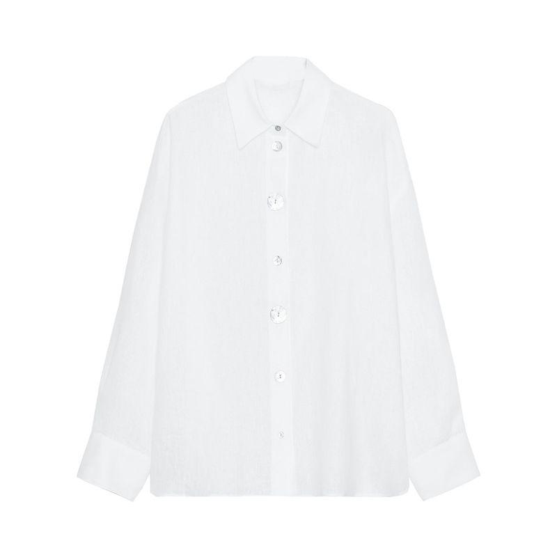 Zaprha 2025 Summer New Versitile Fashion Patchwork Button Decoration Linen Lapel Long Sleeve Shirts 8117707