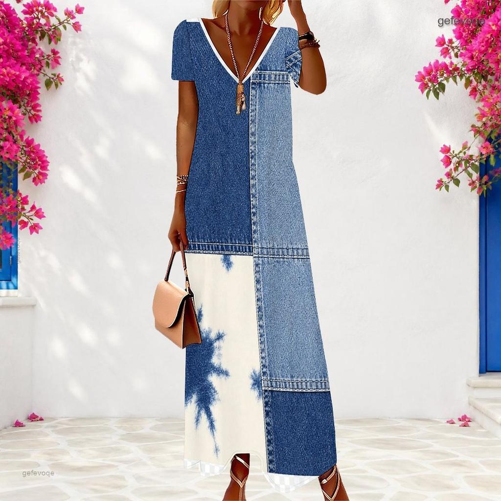Women Plus Size V Neck Short Sleeve Printed Casual Maxi Dress