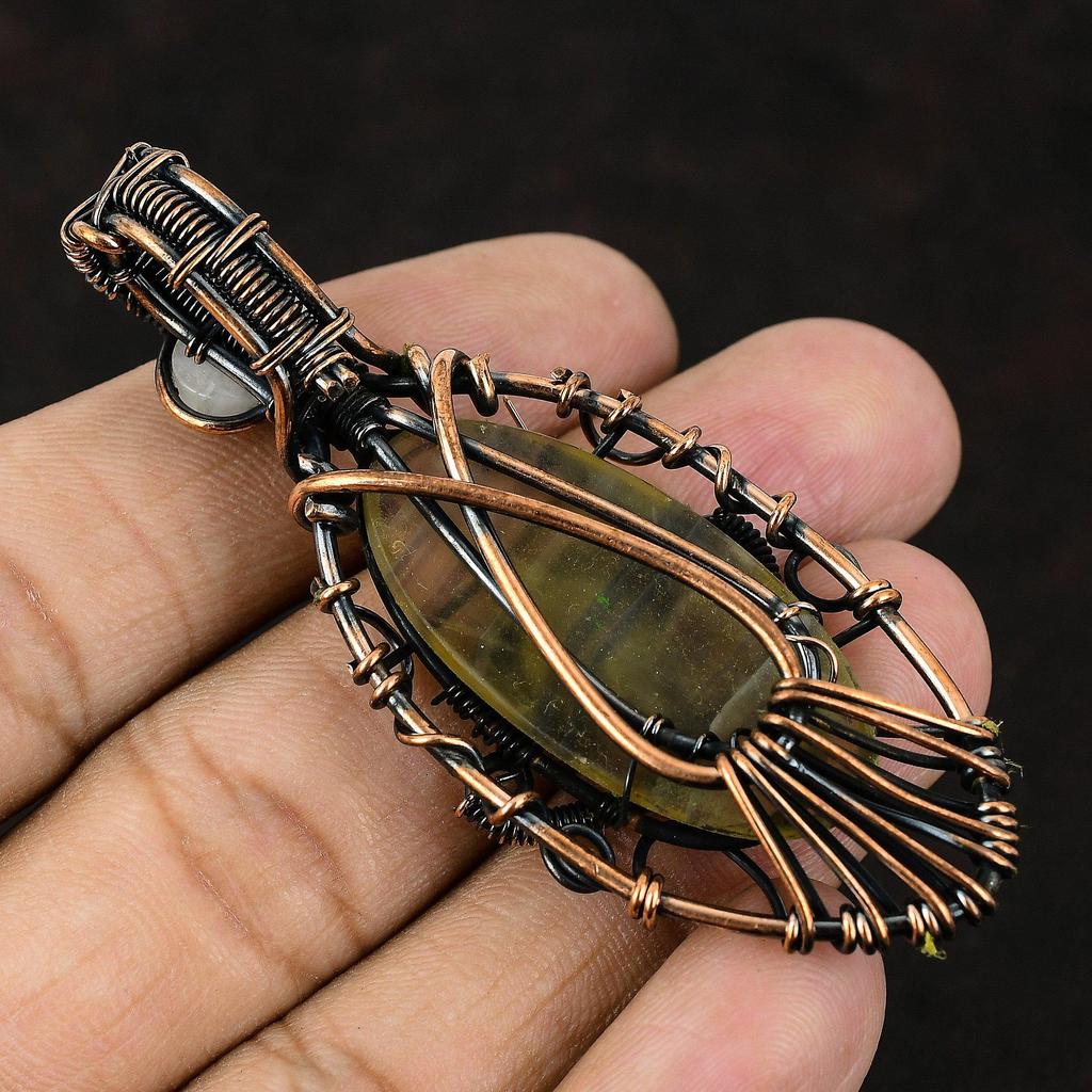 Evil Eye Fluorite Gemstone Pendant Copper Wire Wrapped Pendant Moonstone Jewelry Handmade Copper Wire Jewelry Evil Eye Pendant Birthday Gift