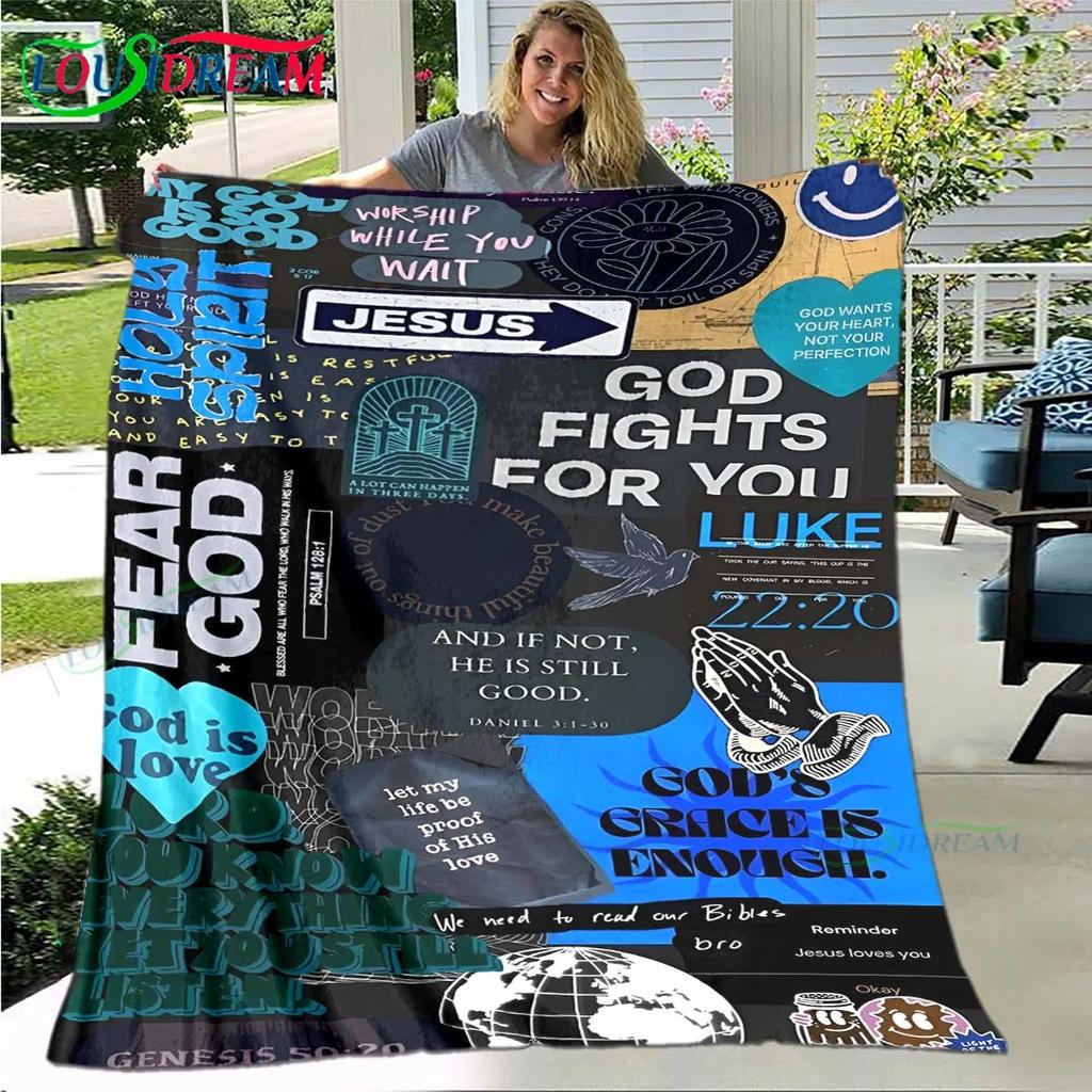 Fashion Bible Verses Jesus Pattern Blanket Flannel Thin Blanket Portable Home Travel Office Lunch Break Blanket Birthday Gift