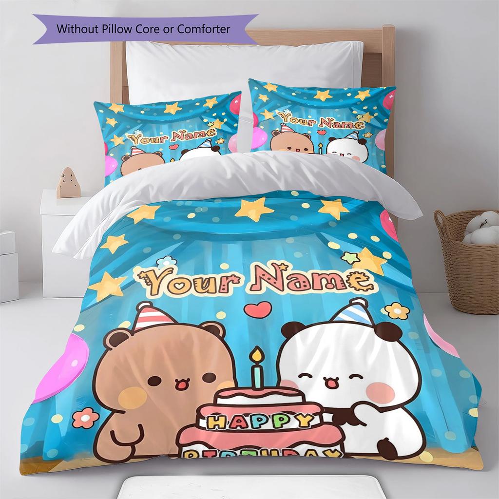 Bear Panda Night Custom Name Pattern Bedding Quilt Set Quilt Cover Pillowcase Home Birthday Gift(1 * Duvet Cover + 2 * Pillowcase, Without Core)
