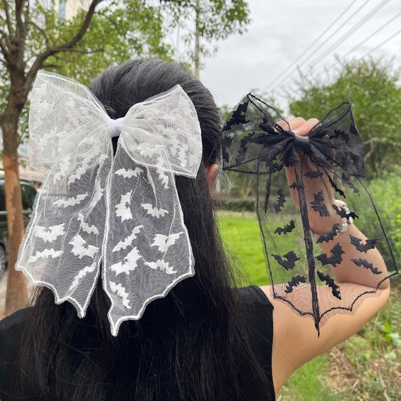 Black Bow Hair Clips Bat Embroidery Lace Tulle Veil Gothic Hairpins Spooky Halloween Cosplay Hair Accessories For Women Girls