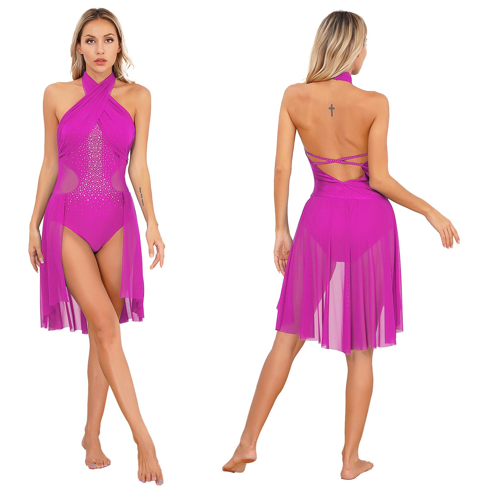 

Женское балетное платье для современных танцев для взрослых, лирическое шифоновое струящееся платье без рукавов, гимнастическое трико для фигурного катания S горячий розовый