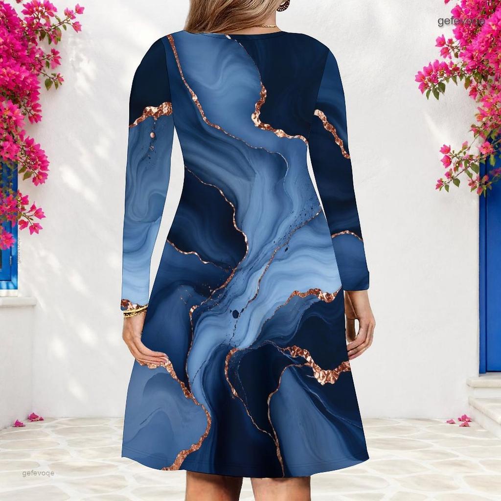 Women Plus Size V Neck Long Sleeve Printed Light Blue A Line Dress