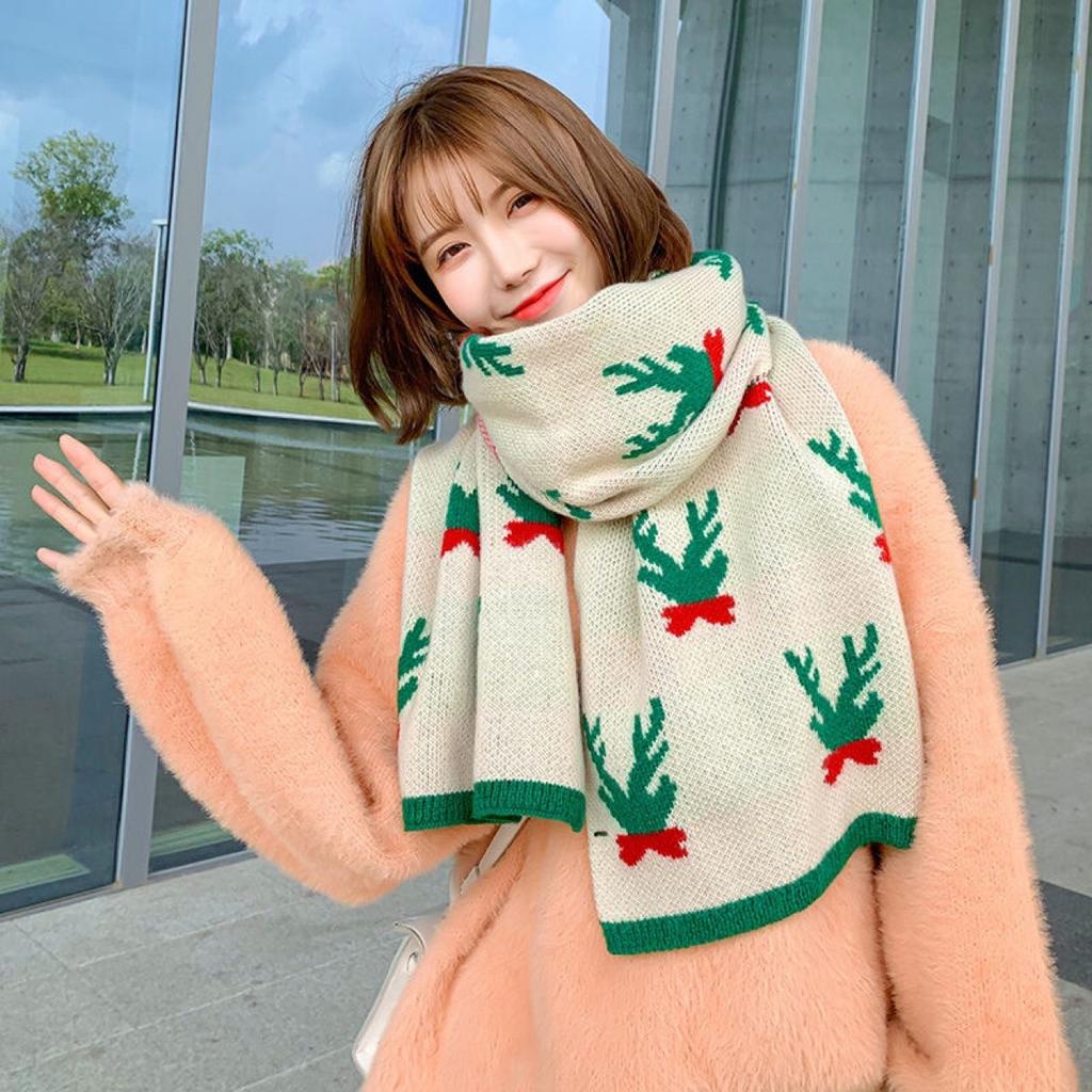 Christmas elk knitted wool scarf women's winter warm red scarf Korean version versatile Japanese scarf