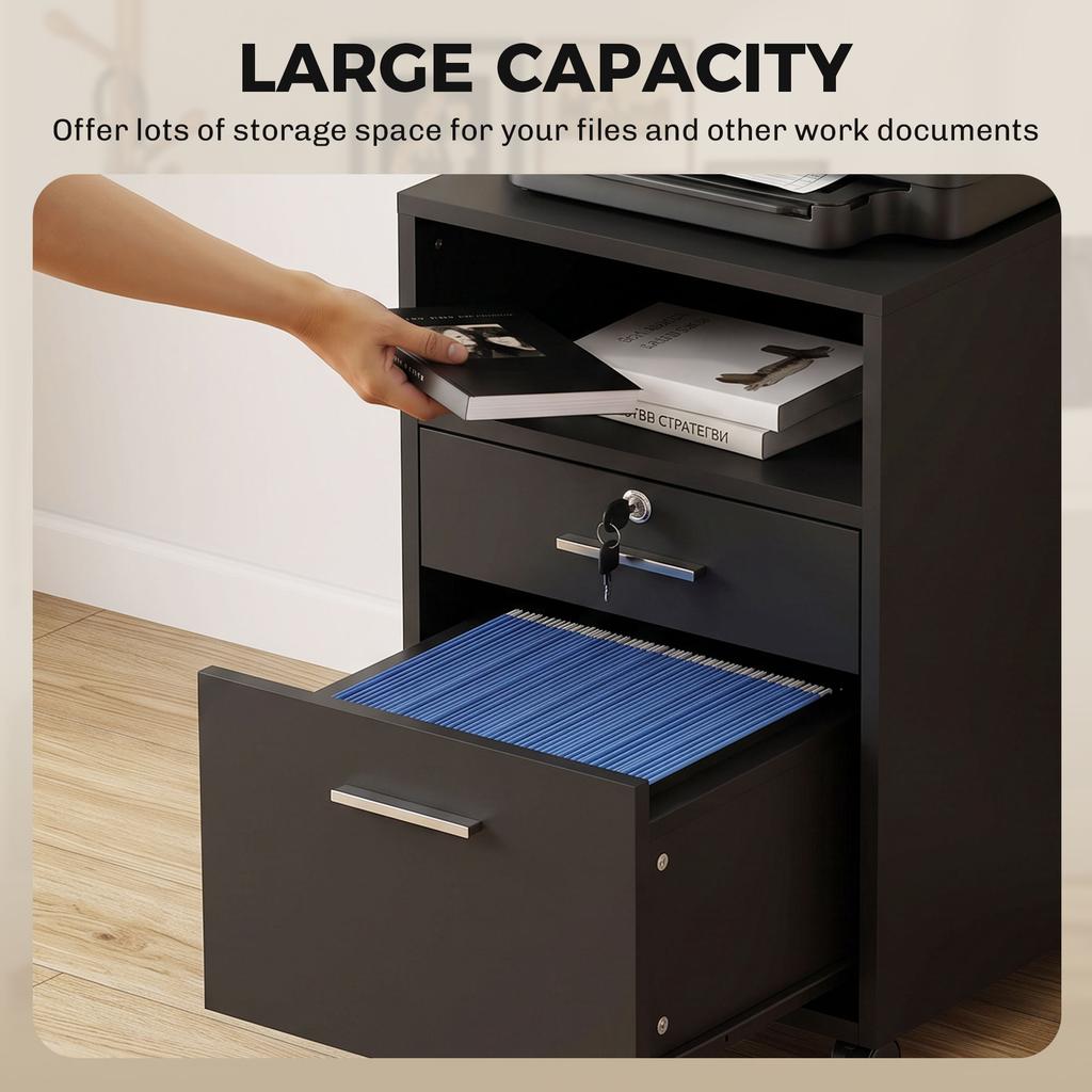Office Cabinet Mobile Pedestal, 2 Drawers, One Drawer Lockable, 5 Casters, Black, 40 x 40 x 65 cm