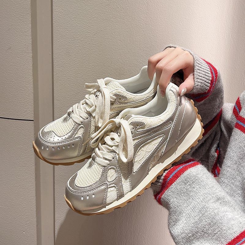 Silver design lace muffin platform German training shoes women's 2025 spring new leather mesh breathable Forrest Gump shoes