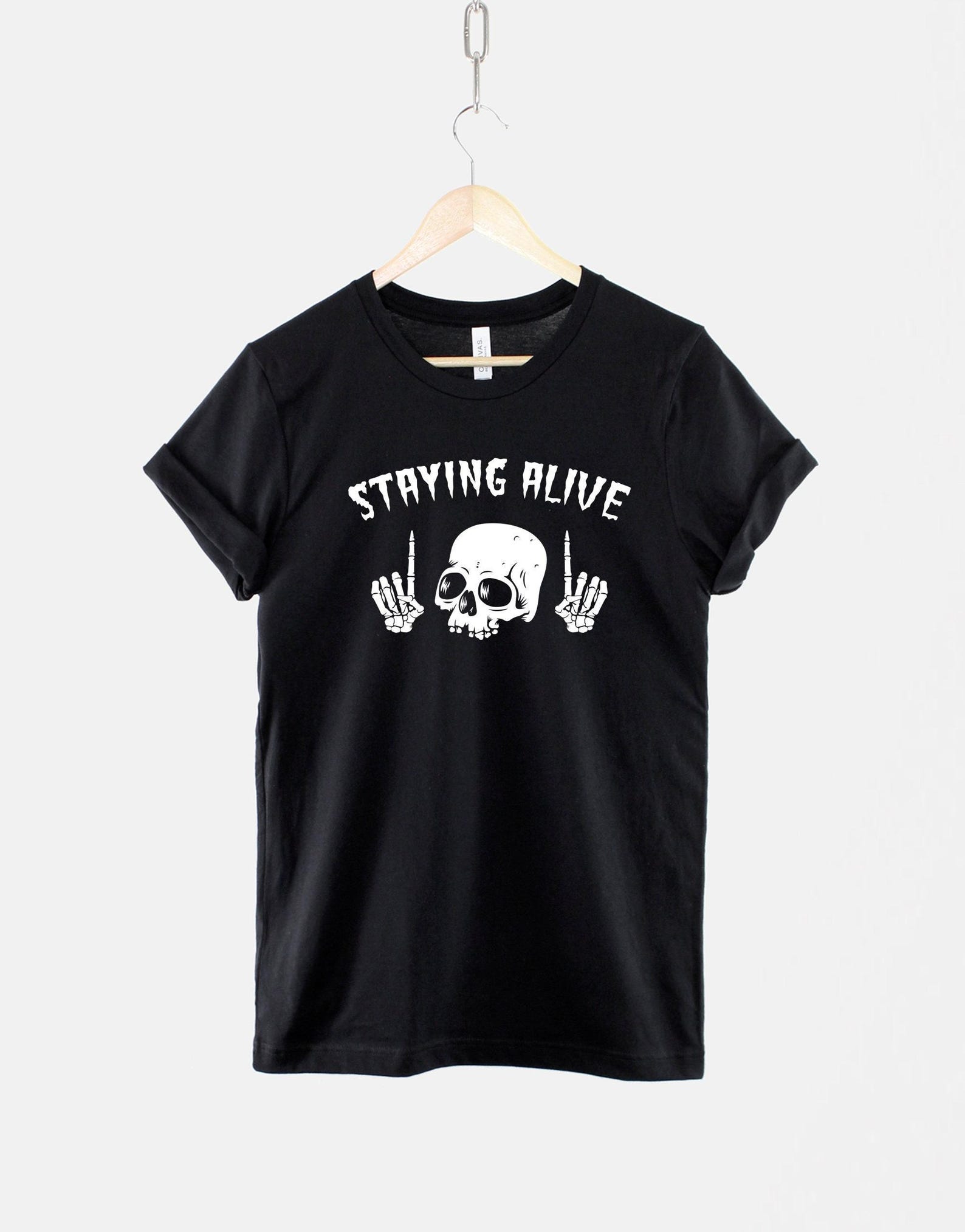 Halloween Skull Shirt, Spooky Skeleton Graphic, Staying Alive Tee 4XL