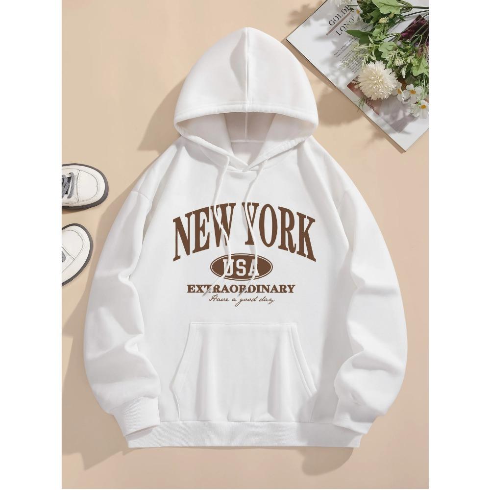 

Худи с принтом New York 2025 Осень Зима Шнурок Длинный рукав Повседневная толстовка с капюшоном для женской одежды S