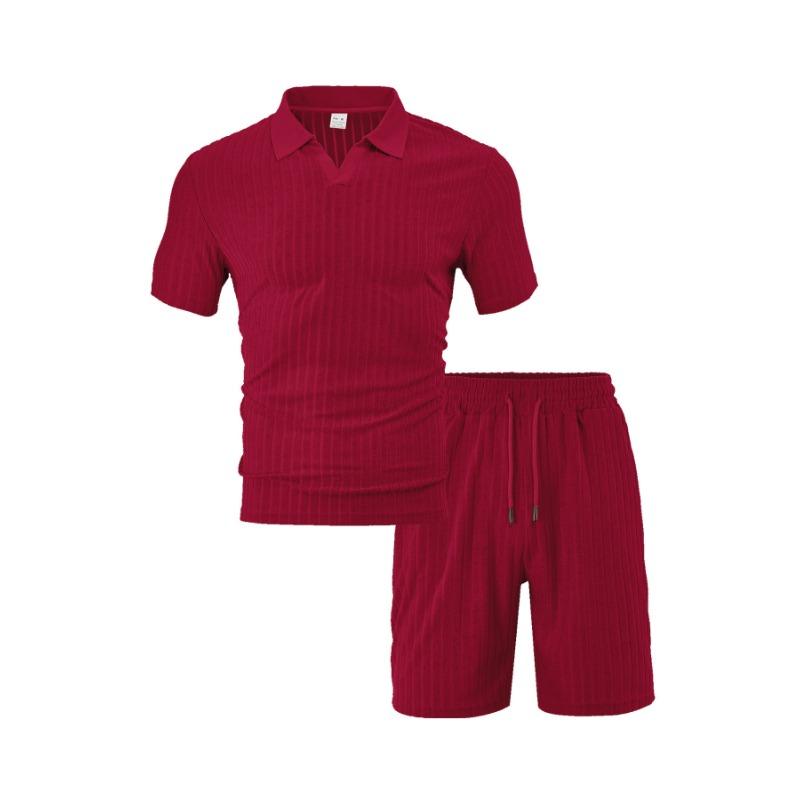 Mens Casual Solid Ribbed Short Sleeve Polo Shirt And Shorts Set
