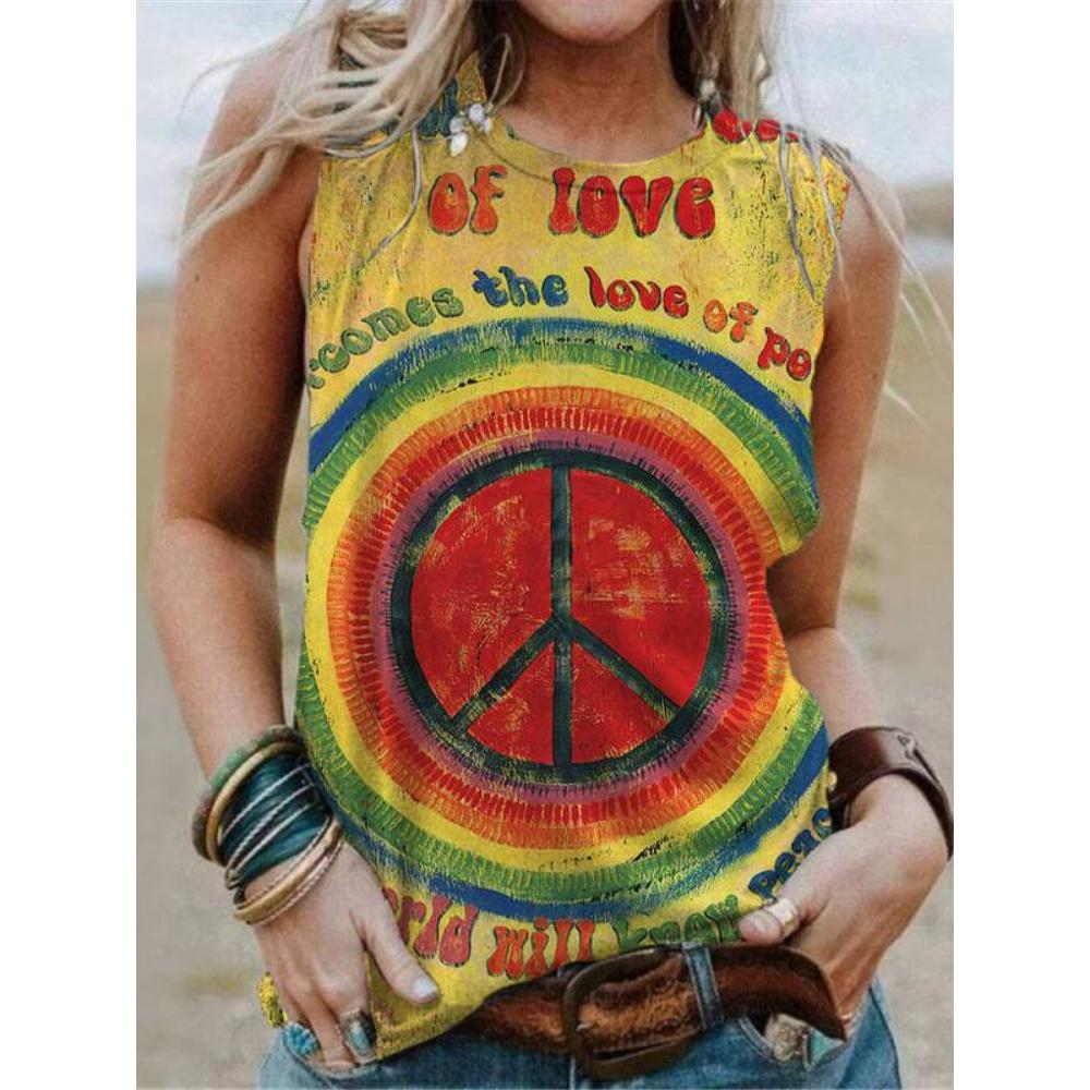 Women's Geometric Rainbow 3D Printed Sleeveless T-shirt, Round Neck Off Shoulder Casual Tank Top, Y2K Sleeveless T-shirt, Women's Summer Dress