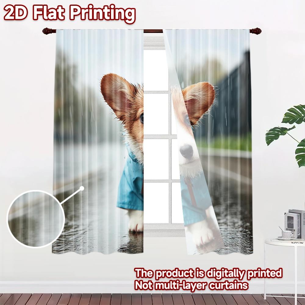 2D flat printing 2pcs Curtains Cute Corgi Dog Raincoat Digital Printed Polyester Drapes Family Party for living room decor for