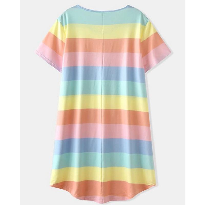Plus Size Women's Summer Short Sleeved Rainbow Striped Loose Pajama Dress