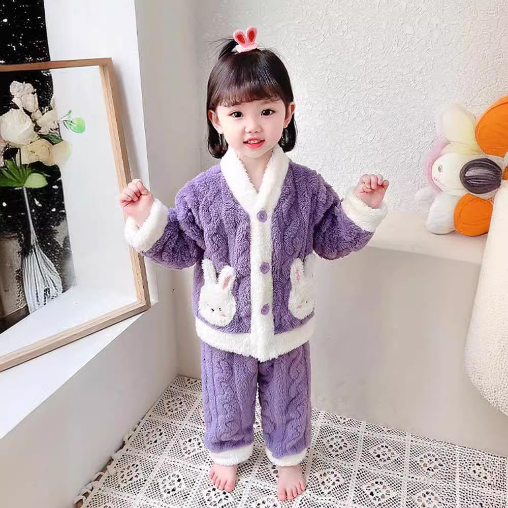 

Комплект детской пижамы для девочек, осенне-зимний, детский флисовый, утолщенный, теплый, для дома 150cm фиолетовый