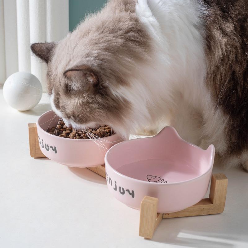 3pcs/set (1pc Rack + 2pcs Bowl) Non-Slip Ceramic Double Pet Food Bowl for Cats and Dogs - Prevents Spills and Slips