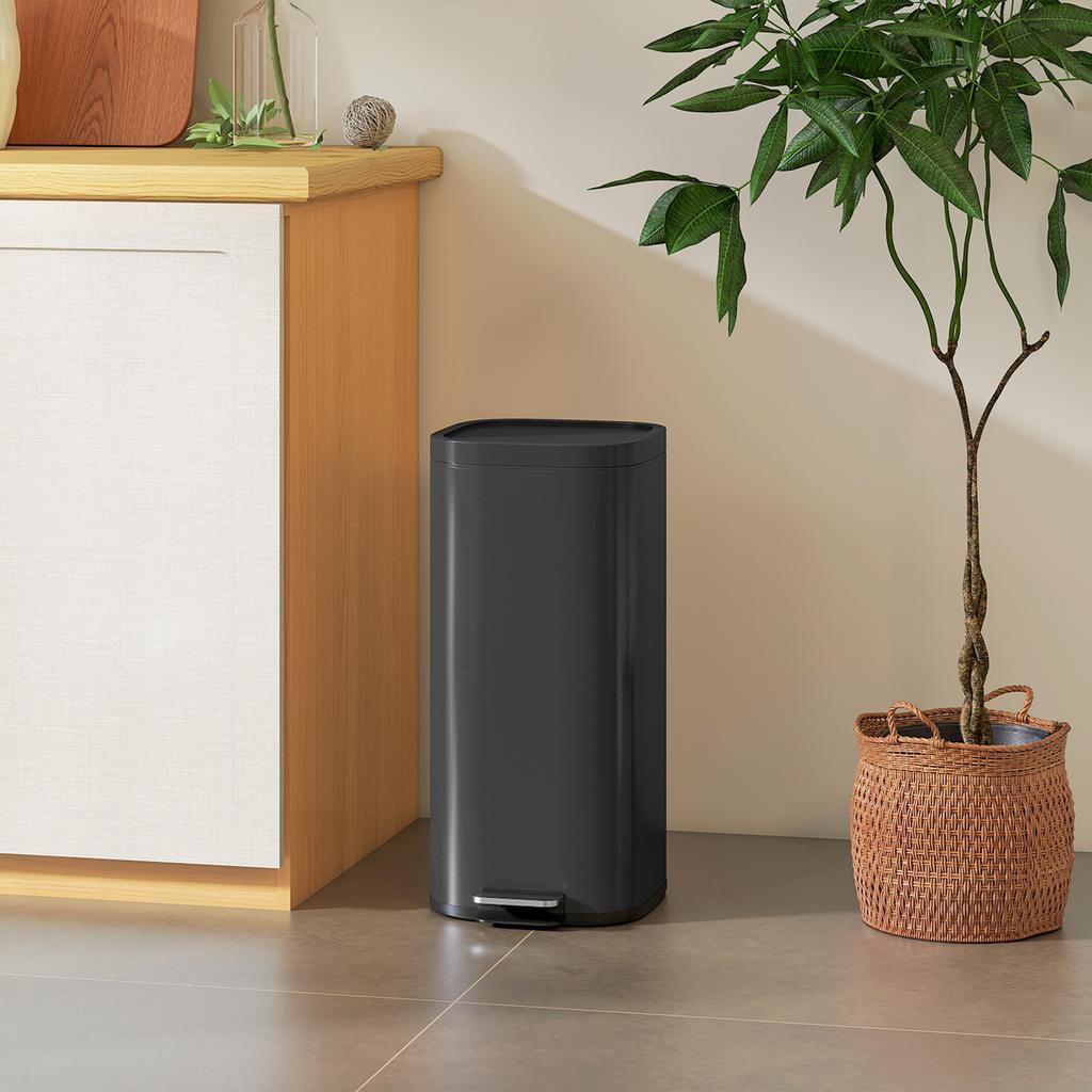 30L Kitchen Bin, Compact Pedal Bin with Soft-Close and Stay-Open Lid, Removable Bucket for Kitchen, Home, Office, Black