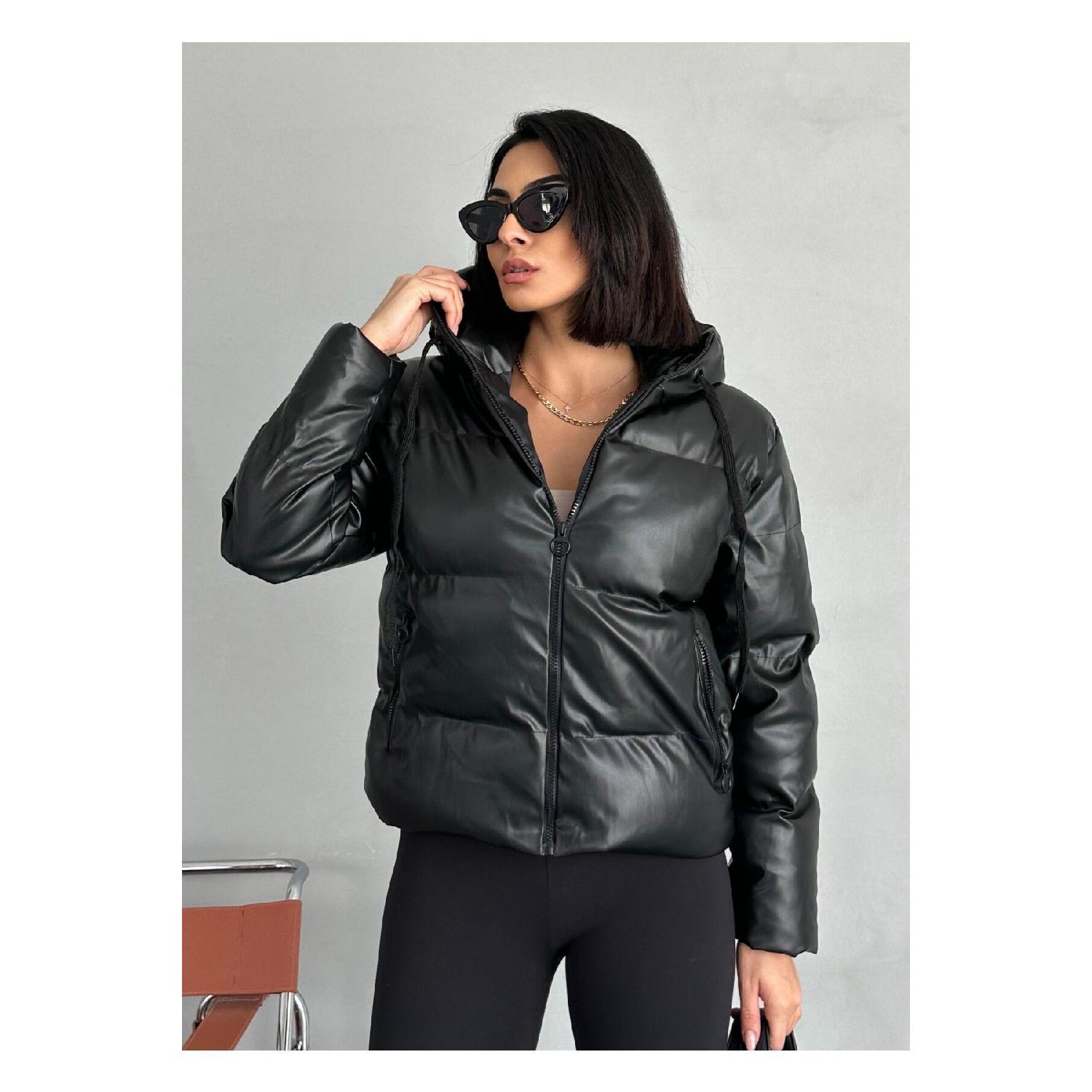 

Oversize Black Puffer Leather Coat XS чорний