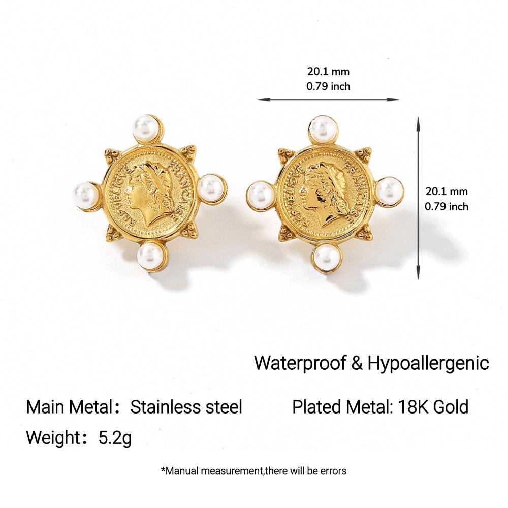 Ying Tai High Polish 18K Gold Queen Portrait Retro Stud Earrings - Stainless Titanium Steel, Fade-Resistant.