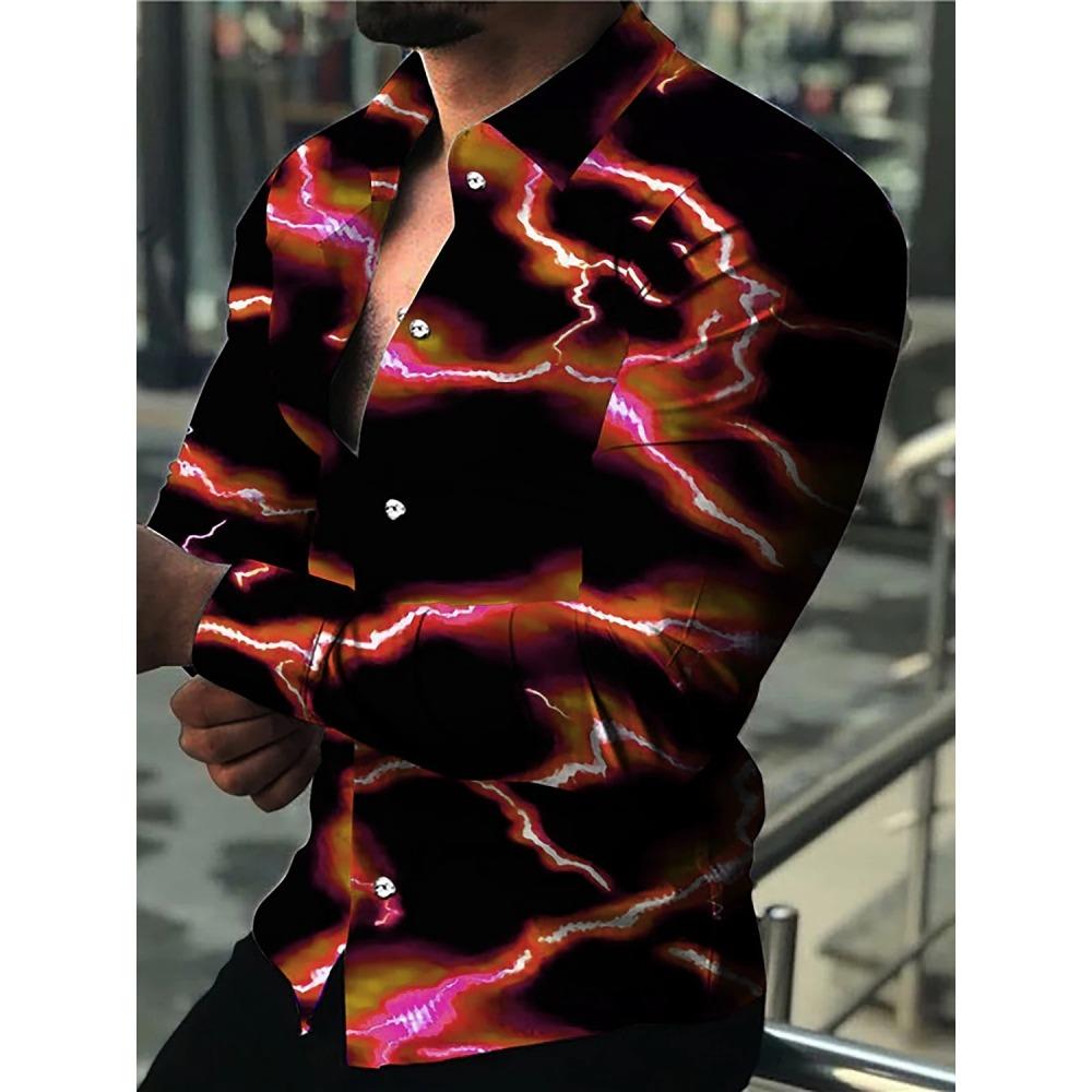 Trendy Men's Fluid Blending Lightning Print Long Sleeve Shirt Elastic Lightweight Spread Collar Shirt Casual Daily Wear Shirt