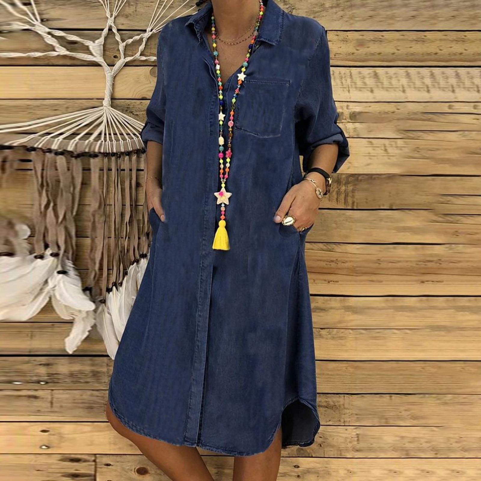 

Women s Fashion Casual Color Lapel Single-Breasted Panel Straight Long Sleeve Loose Pocket Cotton Shirt Dress L Темно-синій