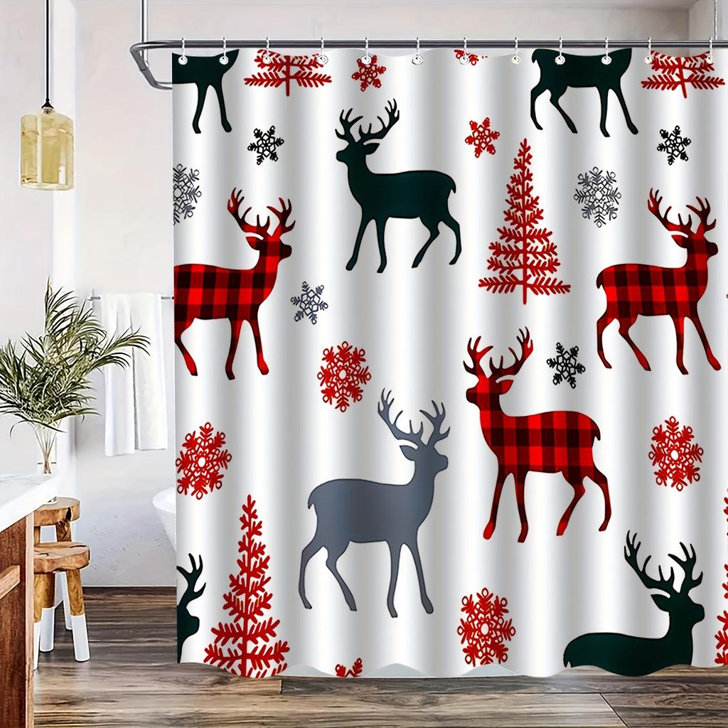 Snowflake Deer Pattern Shower Curtain, Suitable For Home Bathroom Decoration, Polyester Fabric Bathtub Window Curtain