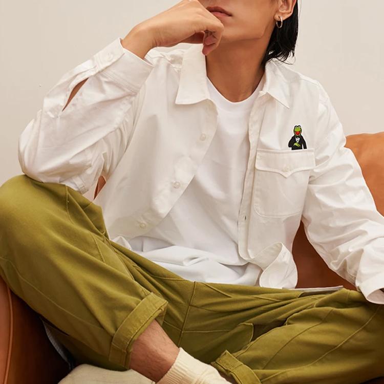 LiNing Muppets Cartoon Embroidered Pocket Loose Casual Long Sleeve Shirt Unisex Tops White ASHR119-1