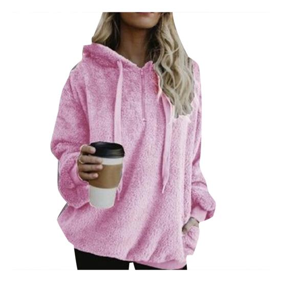 Plus Size Solid Color 1/4 Zip Up Fluffy Hoodies Women Hooded Sweatshirt