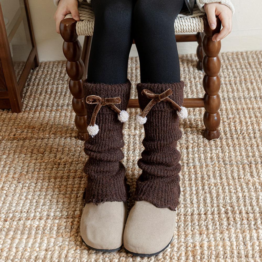 Bow Children s Leg Warmers Solid Color Kids Long Socks Casual Lolita Knitted Socks  Lady кофейный