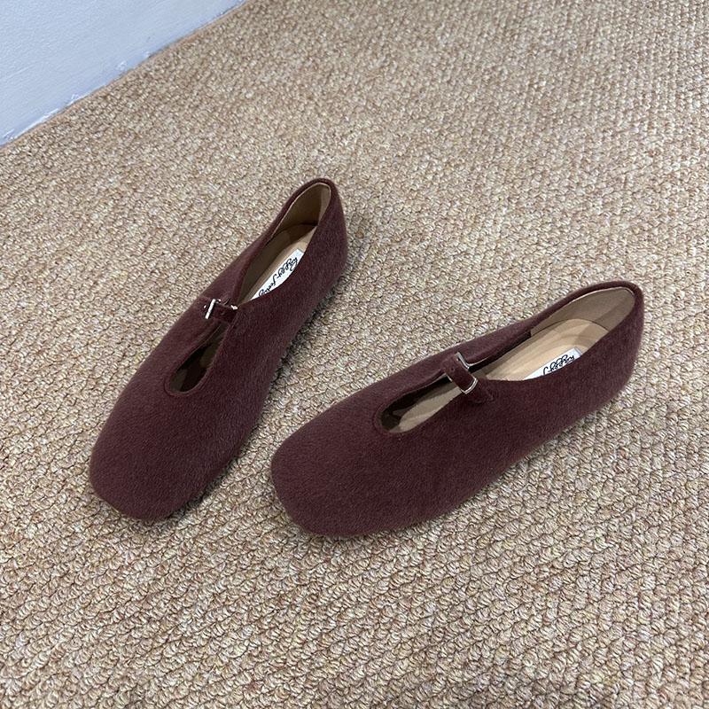 Fashion Buckle Fashion Flock Ladies Mary Janes Flats Shoes Female Square Toe Footwear Shallow Women Flats Slip On Shoes Lady