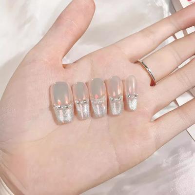 10pcs/set Pure Handmade Wearable Nail Phototherapy Nail Stickers Advanced French Crystal Cat Eye Long False Nails Removable