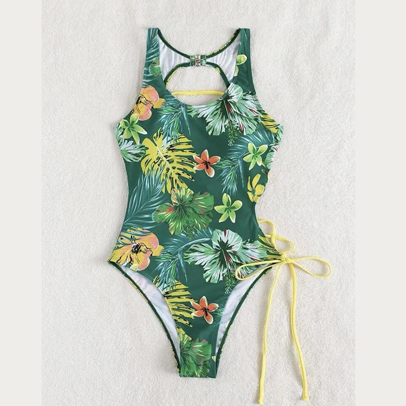 Moteriškas naujas vientisas gėlėtas raštas su raišteliais suvarstomas plaukimo kostiumas, reguliuojamas elastingas moteriškas maudymosi kostiumėlis