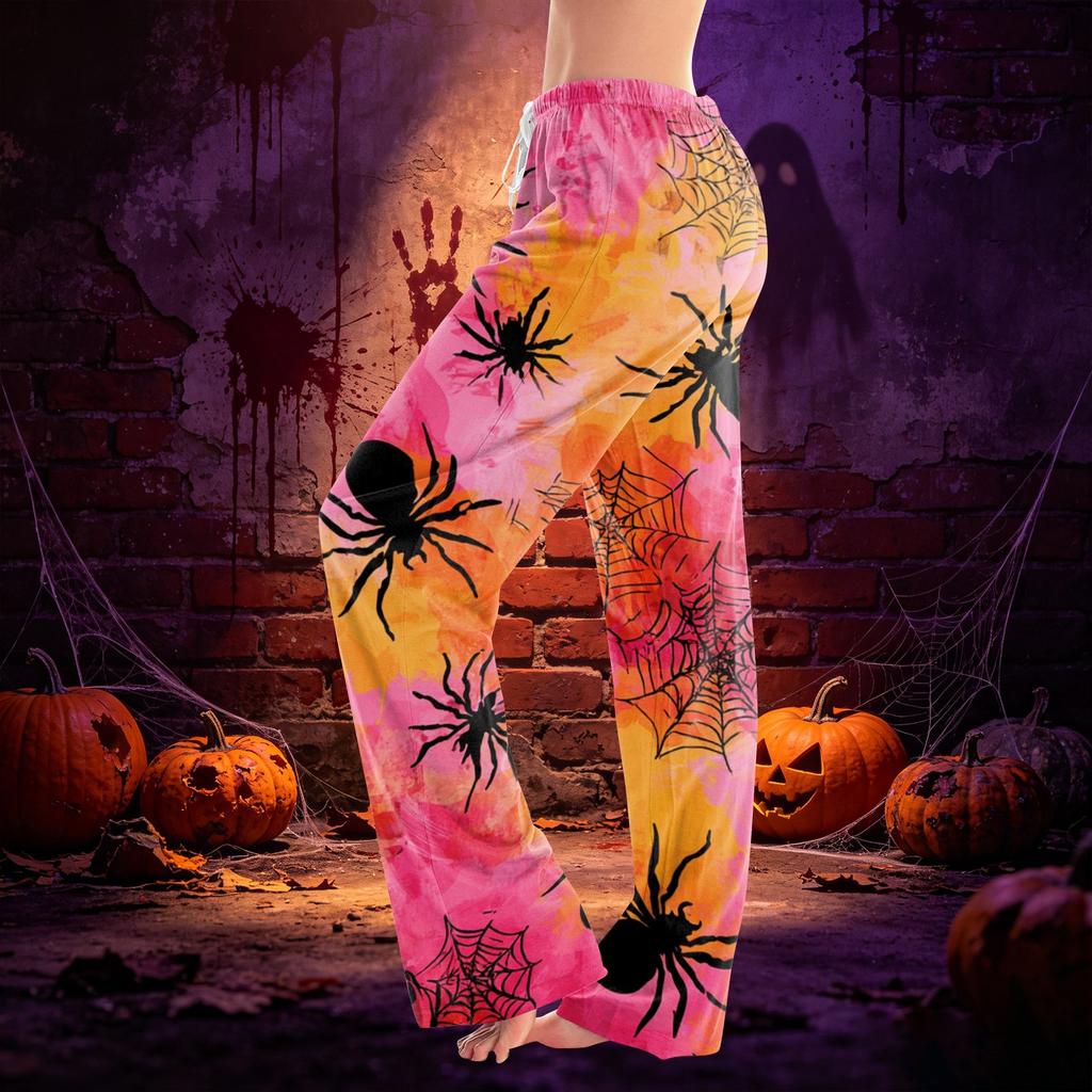 Women’s Drawstring Halloween Printed Long Pants Loose Fit Elastic Waistband Casual Trousers for Daily Wear Outdoor Home