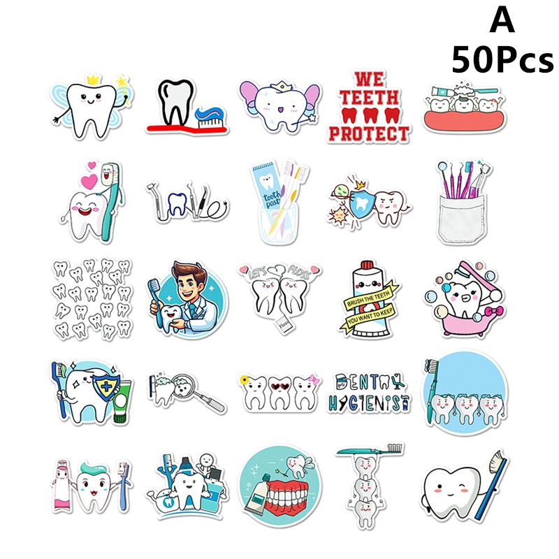 50 Sheets Protect Teeth Cartoon Stickers For Kids Students Graffiti Laptop Stationery Luggage Cute Sticker Dental Clinic Gifts