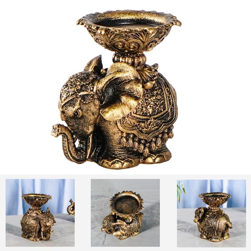 Lucky Antiqued Elephant Candle Holder Animal Statue for Desktops Centerpieces