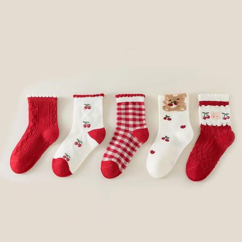 

5 пар милых носков с вишневым мишкой для девочки, красные новогодние носки, с цветочными оборками и в клетку, детские теплые носки средней длины, хлопковые носки 1-3Y