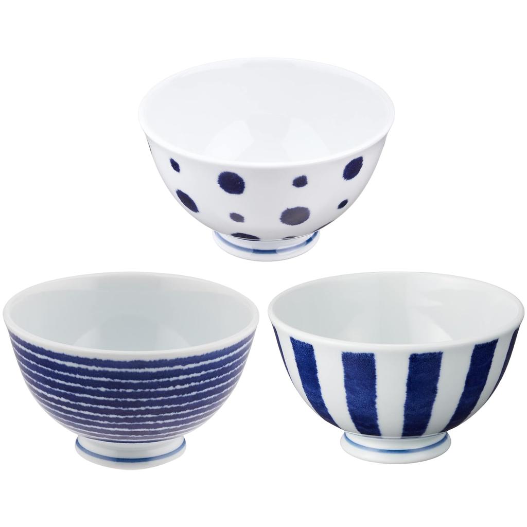 Hasami Ware Lightweight Rice and Tea Bowl Set of Diameter x 7cm Microwave and Dishwasher Made in Product Number 30201 "Indigo Dye" 3, Approx. 11.5cm