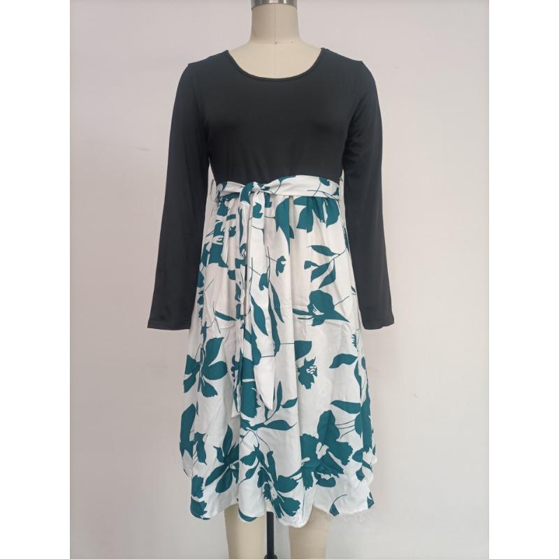 Spring and Autumn Women's Dress Printed Dresses Round Neck Tie Dresses