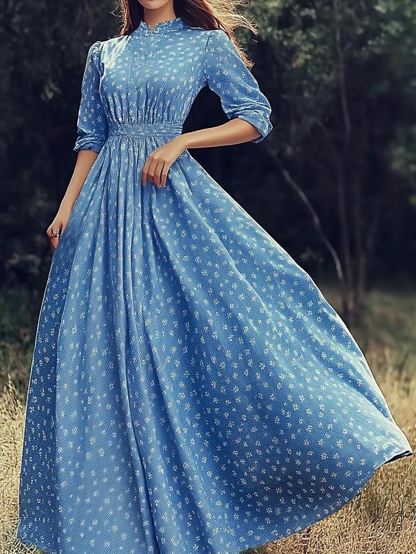 2026 Retro Casual Women s Stand Collar Nine-Sleeve Dress L синий