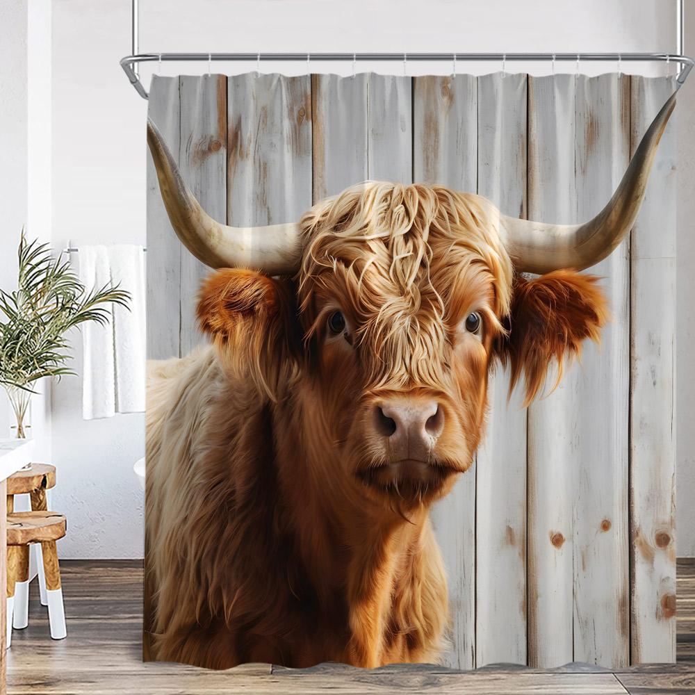 Highland Cow Farmland Shower Curtains Countryside Scenery Funny Animals Bathroom Decorations Grassland Polyester Bath Curtain