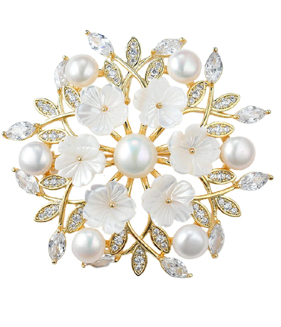 

LOVES Flower Natural Cubic 14KGP Brooch, Round, Stone, Pearl, Zirconia, [With Velvet-like Pouch] (Gold) золотий