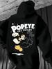 Popeye The Sailor 1896 Graphic Print Hoodie - Red Casual Pullover with Cartoon Design