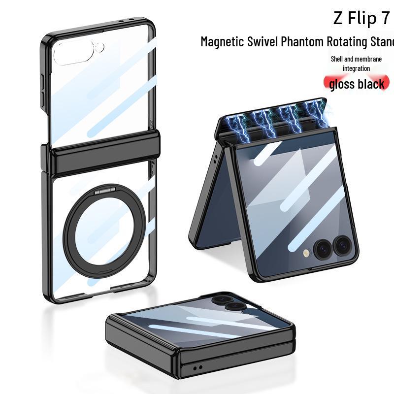Samsung Z Flip7 Case: 360° Rotating Stand with Wireless Charging, Flip6 Compatible, Transparent Protective Hinge Cover
