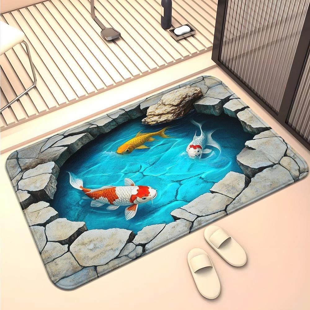 3D Optische Illusion Teppich Realistischer Fischteich Bereichsteppich Waschbar Goldfischteich Fußmatte Rutschfest