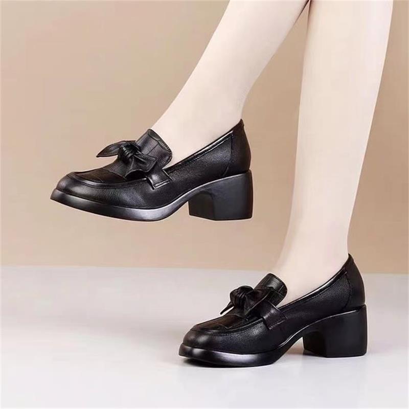 Soft Leather Single Shoes Women's Tide Spring and Autumn New One-pedal Thick Heel Round Head Bow Casual