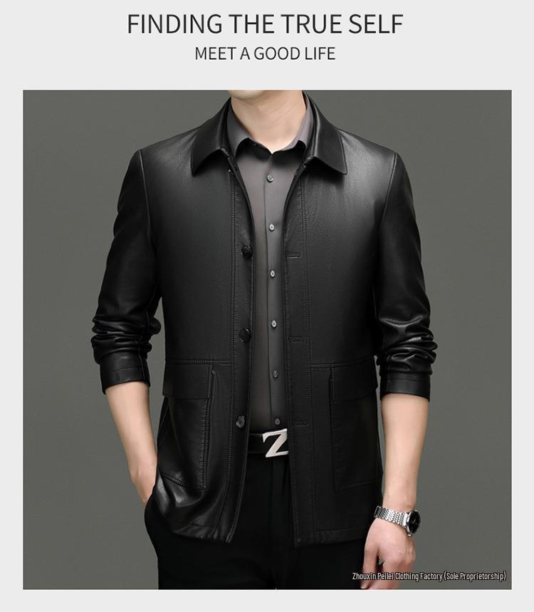 Men's Casual Sheepskin Leather Jacket: Turn-Down Collar, Ideal for Spring/Autumn, Perfect for Middle-Aged and Elderly.